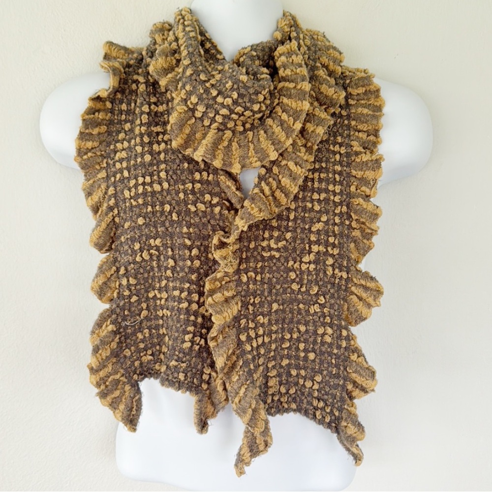 Echo tan gray textured woven ruffle trim neck scarf one size
